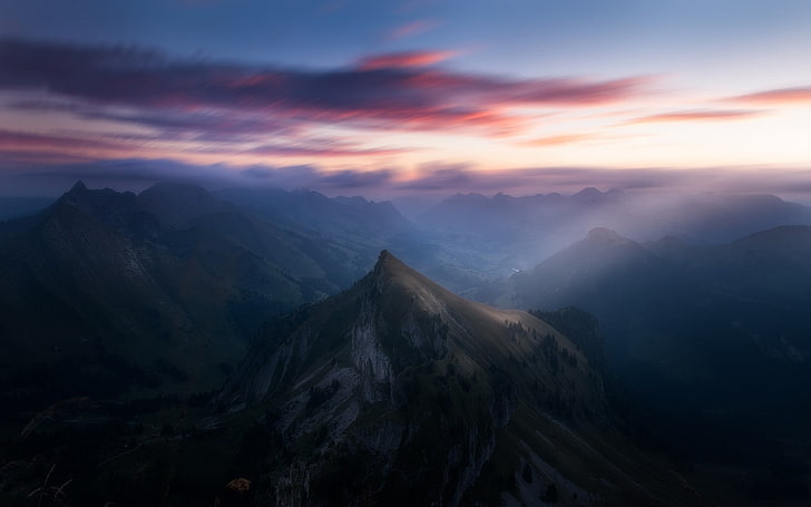 fondo de pantalla de cordillera, niebla, paisaje, mañana, naturaleza, montañas, nubes, Suiza, luz solar, Alpes, rayos de sol, valle, borrosa, Fondo de pantalla HD