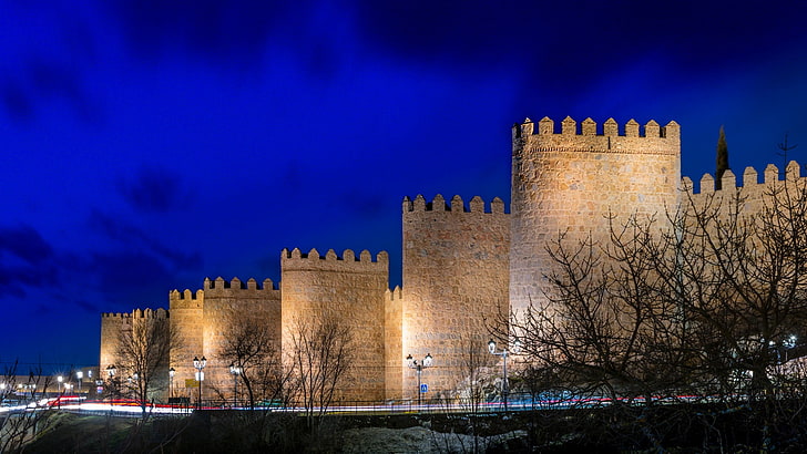 historic site, tower, tourist attraction, fortification, tours, night, evening, murallas de avila, walls of avila, europe, spain, HD wallpaper