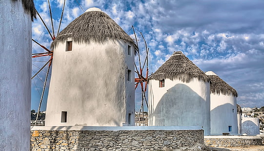небо, облака, Греция, ветряная мельница, остров Миконос, HD обои HD wallpaper