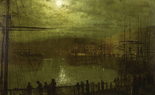 nuvens, noite, pessoas, navio, imagens, A lua, mastro, porto, a paisagem urbana, John Atkinson Grimshaw, uma vista de Whitby, HD papel de parede HD wallpaper