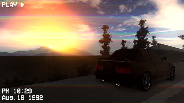 Bmw E30 m3, highway, mountains, trees, sunset, 90s, Roblox, Pacifico (Roblox Game), HD wallpaper