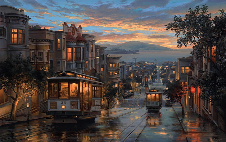 Zwei weiße Straßenbahnen, Künstlerisch, Malerei, Nacht, Panorama, Regen, San Francisco, Straße, HD-Hintergrundbild