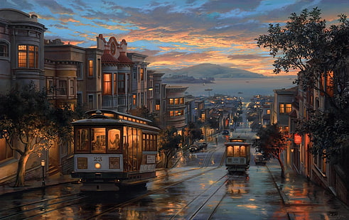 two white city trams, Artistic, Painting, Night, Panorama, Rain, San Francisco, Street, HD wallpaper HD wallpaper