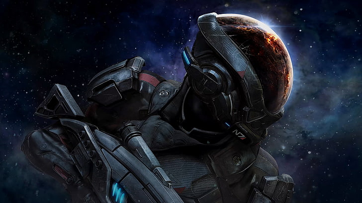 графичен тапет на сив робот, Mass Effect: Andromeda, видео игри, N7, Bioware, пространство, Mass Effect, галактика, HD тапет