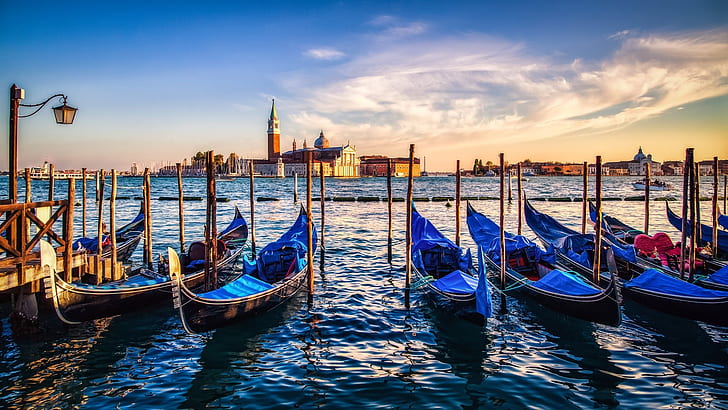 gondolas, sunset, Venice, HD wallpaper