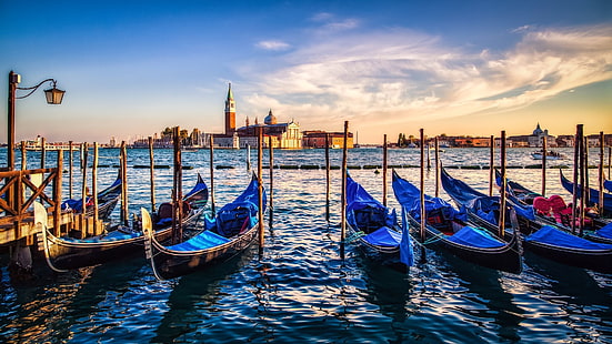 gondoles, coucher de soleil, Venise, Fond d'écran HD HD wallpaper