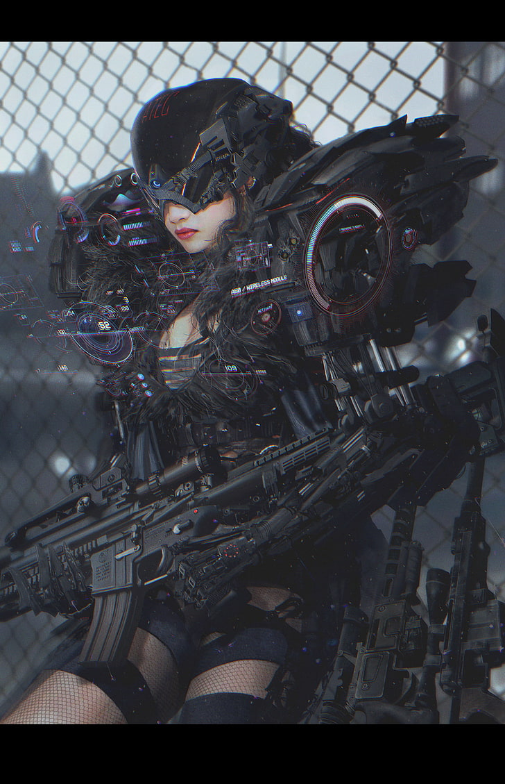 Chica vestida con traje negro, ciencia ficción, cyberpunk, arte de fantasía, ciber, arte digital, Min Gyu Lee, Fondo de pantalla HD, fondo de pantalla de teléfono