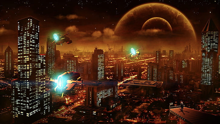 video game wallpaper, artwork, futuristic, spaceship, city, digital art, sky, night, HD wallpaper
