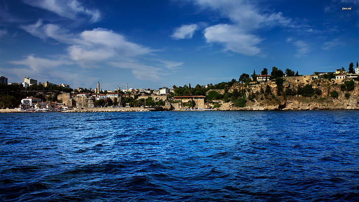 アンタルヤトルコオンザブルー地中海、沿岸、青、町、自然、風景、 HDデスクトップの壁紙
