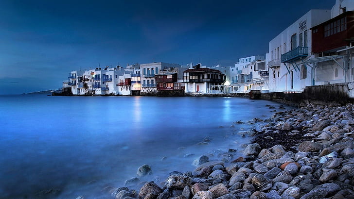 Mykonos, Grécia, Mykonos, Grécia, a ilha de Mykonos, o céu noturno, o mar, a cidade, a casa, HD papel de parede