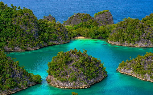 pulau hijau dan abu-abu, pemandangan, alam, tropis, pantai, pulau, pohon, bukit, laut, biru, pirus, hijau, Wallpaper HD HD wallpaper