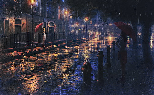 artwork, anime, umbrella, anime girls, rain, HD wallpaper HD wallpaper