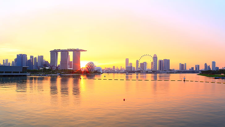 Singapore Sunset Ferris Wheel Buildings Sunset Ocean HD, hav, solnedgång, byggnader, stadsbild, hjul, pariser, singapore, HD tapet