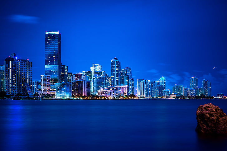 небоскребы, произведения искусства, ночь, огни, Майами, Флорида, панорама, Флорида, вице-город, HD обои