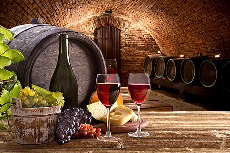 table, vin, bouteille, fromage, verres, raisins, cave, tonneaux, sous-sol, Fond d'écran HD HD wallpaper