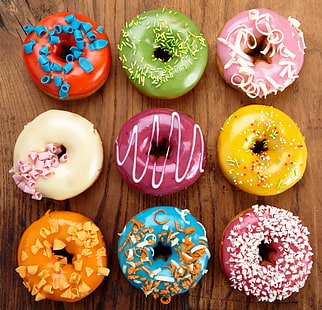 nine assorted donuts, colorful, donuts, dessert, cakes, sweet, glaze, HD wallpaper HD wallpaper