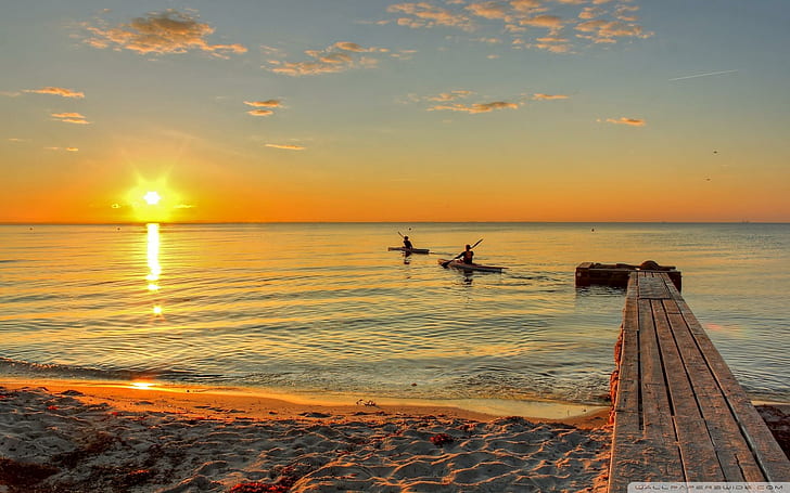 Kayaking To The Sunset, beach, kayaks, dock, sunset, nature and landscapes, HD wallpaper