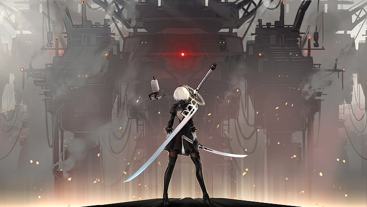 Final Fantasy-karaktär, person som håller svärdmålning, 2B (Nier: Automata), 2B, NieR, robot, Nier: Automata, HD tapet