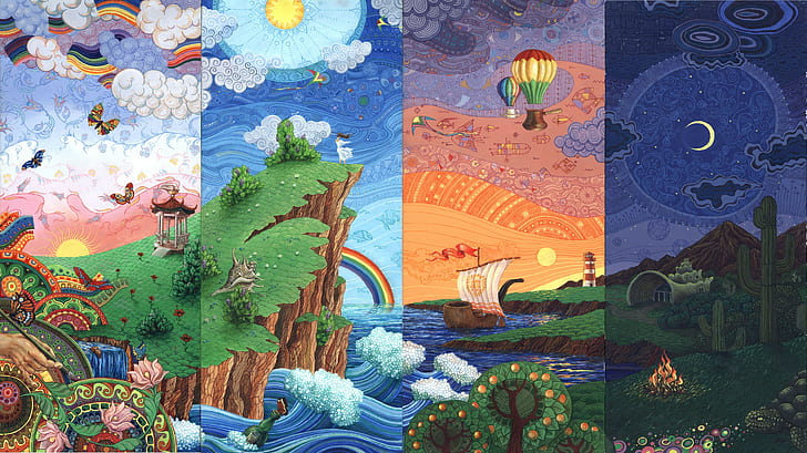 Lua, arte digital, raios de sol, arco-íris, barco, natureza, borboleta, pintura, flores de lótus, nuvens, Sol, balões de ar quente, paisagem, obra de arte, desenho, Aleksander Zhelonkin, HD papel de parede