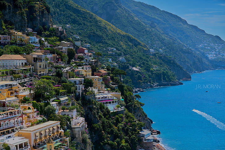 海、風景、山、家、イタリア、ポジターノ、 HDデスクトップの壁紙