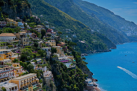 море, пейзаж, горы, дома, Италия, Позитано, HD обои HD wallpaper