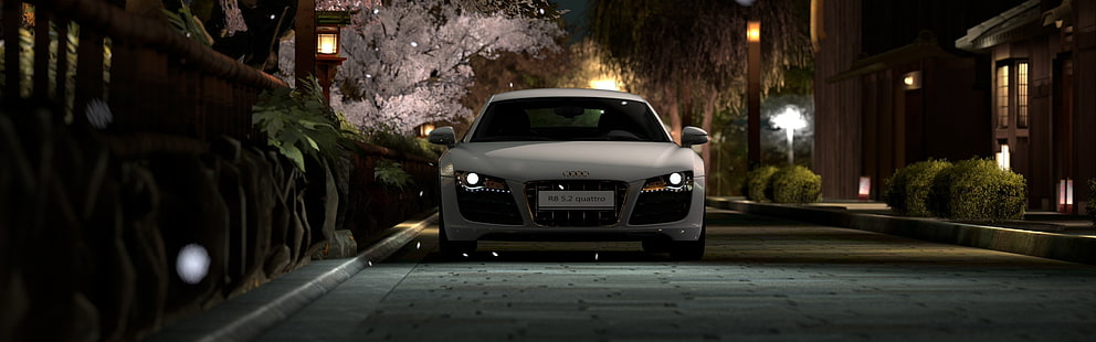 voiture de sport Audi blanche, voiture, Audi R8, Gran Turismo 5, jeux vidéo, affichage multiple, deux moniteurs, Fond d'écran HD HD wallpaper