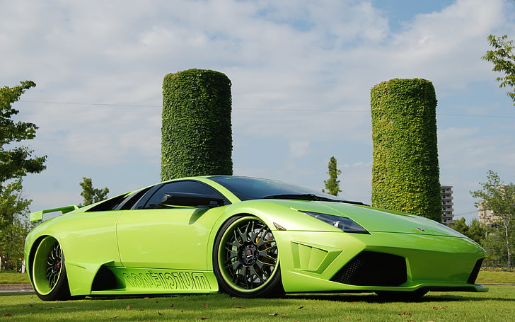 green sports coupe, car, Lamborghini, tuning, Lamborghini Murcielago, green cars, hedges, vehicle, HD wallpaper