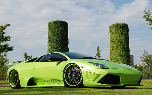 zielone sportowe coupe, samochód, Lamborghini, tuning, Lamborghini Murcielago, zielone samochody, żywopłoty, pojazd, Tapety HD HD wallpaper
