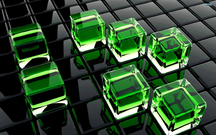 مكعب أخضر التوضيح الرقمي مكعبات زجاج سطح أخضر، خلفية HD