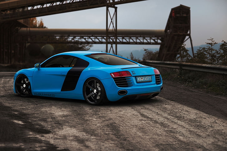 cupê azul e preto, estrada, Audi, azul, vista traseira, colisão, HD papel de parede