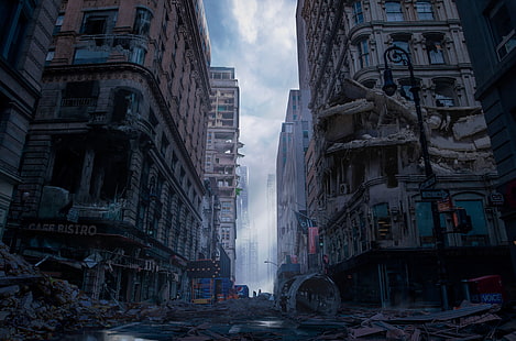 Научная фантастика, постапокалиптическое, здание, город, улица, HD обои HD wallpaper