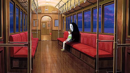 Spirited Away, sen to chihiro, filmy animowane, anime, animacja, fotosy filmowe, Studio Ghibli, Hayao Miyazaki, No-Face, pociąg, Tapety HD HD wallpaper