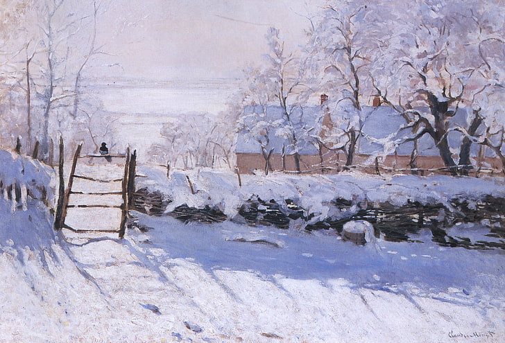 alberi innevati, inverno, neve, paesaggio, uccello, foto, Claude Monet, Quaranta, La passeggiata, Sfondo HD