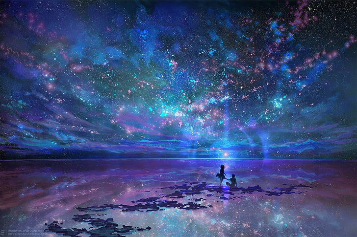 Anime Paar, landschaftlich, Sterne, Nacht, Himmel, Silhouette, Anime, HD-Hintergrundbild