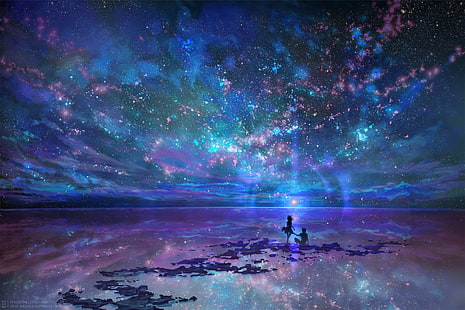 anime couple, scenic, stars, night, sky, silhouette, Anime, HD wallpaper HD wallpaper