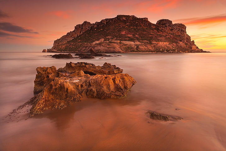 photo de l'île, mer, brume, île, rocher, lever du soleil, Espagne, Fond d'écran HD