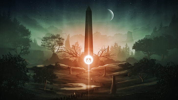 crescent moon illustration, Desktopography, fantasy art, Obelisk, Moon, HD wallpaper