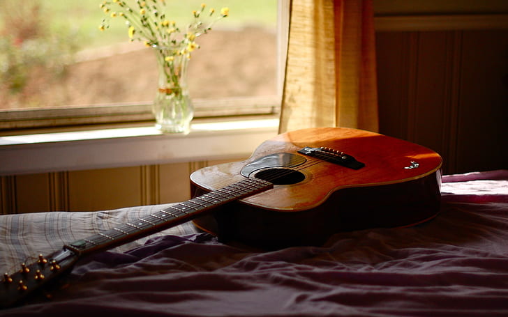 violão, janela, vasos, flores, HD papel de parede