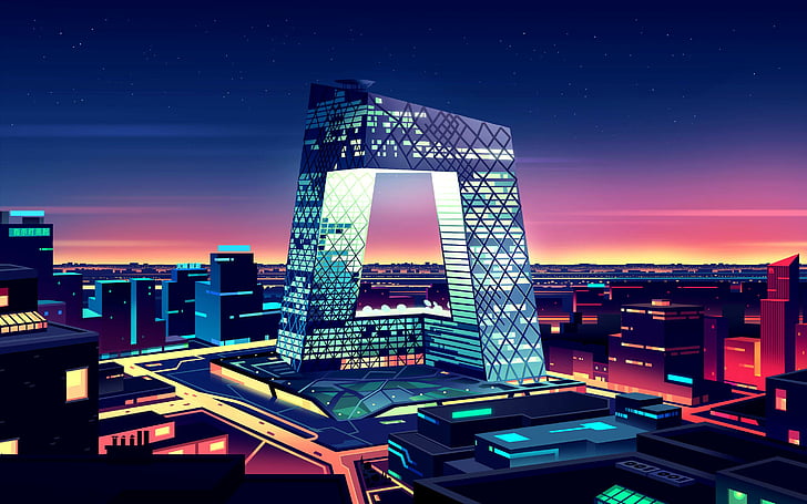 CMG Headquarters, Neon, Architecture, Cityscape, CCTV headquarters, Skyscraper, Beijing, China, HD wallpaper