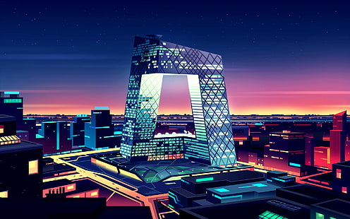 CMG Headquarters, Neon, Architecture, Cityscape, CCTV headquarters, Skyscraper, Beijing, China, HD wallpaper HD wallpaper