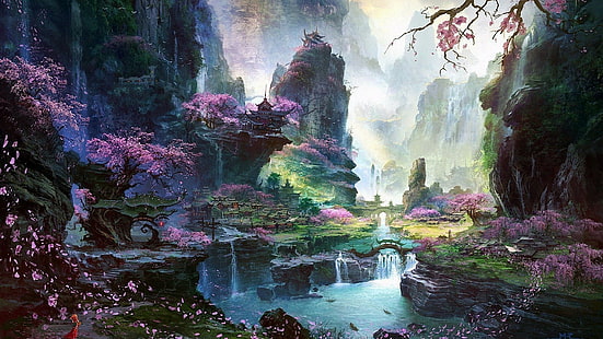 krajobraz sztuka fantasy sztuka cyfrowa niebo drzewa jezioro sukienka czerwona sukienka droga wodospad rzeka zamek most kwiat wiśni grafika aureola, Tapety HD HD wallpaper