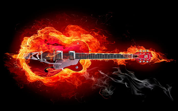 Fire Blazing Guitar, muzyka, gitara, ogień, Tapety HD