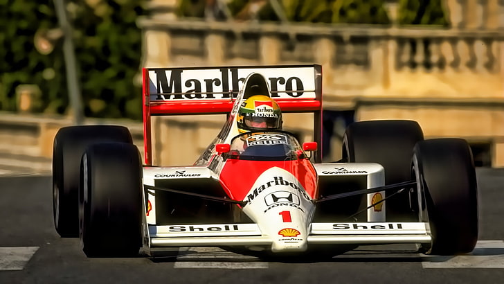 rote und weiße Marlboro Go Kart, Ayrton Senna, Formel 1, McLaren F1, Monaco, Marlboro, Rennsport, HD-Hintergrundbild