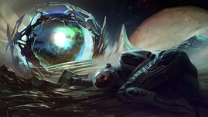 peinture numérique fantastique d'homme couché sur un sol gris, oeuvre d'art, science fiction, espace, astronaute, futuriste, Fond d'écran HD