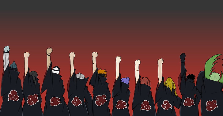 Akatsuki members raising hands illustration, naruto, pain, itachi, tobi, deidara, sasori, ANIME, HD wallpaper