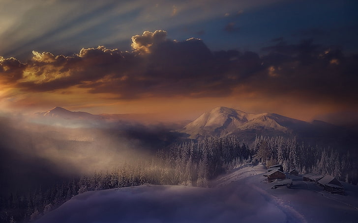 landscape, nature, sunset, winter, mist, Alps, mountains, cabin, Italy, sky, sunlight, forest, snow, clouds, snowy peak, HD wallpaper