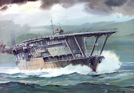 kapal abu-abu dan coklat di badan lukisan air, laut, ombak, tokoh, seni, kapal induk, WW2, Angkatan Laut Jepang, IJF, Akagi, Wallpaper HD HD wallpaper