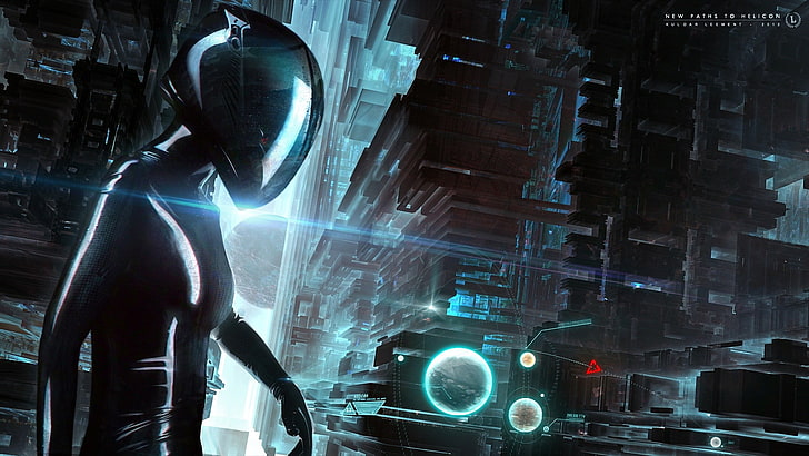 pessoa vestindo terno preto e capacete papel de parede digital futurista arquitetura arquitetura cidade futurista ficção científica, HD papel de parede