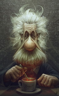 Ilustración de Albert Einstein, Albert Einstein, dibujos animados, caricatura, fórmula, Fondo de pantalla HD HD wallpaper
