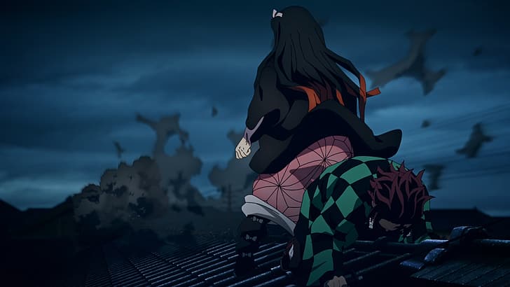 Kimetsu no Yaiba، Kamado Tanjiro، Kamado Nezuko، animé، night، Anime screenshot، خلفية HD